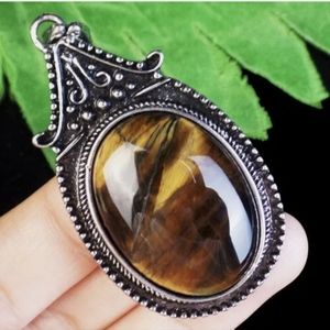 New Tiger Eye Gem Oval Wrapped Silver Pendant.